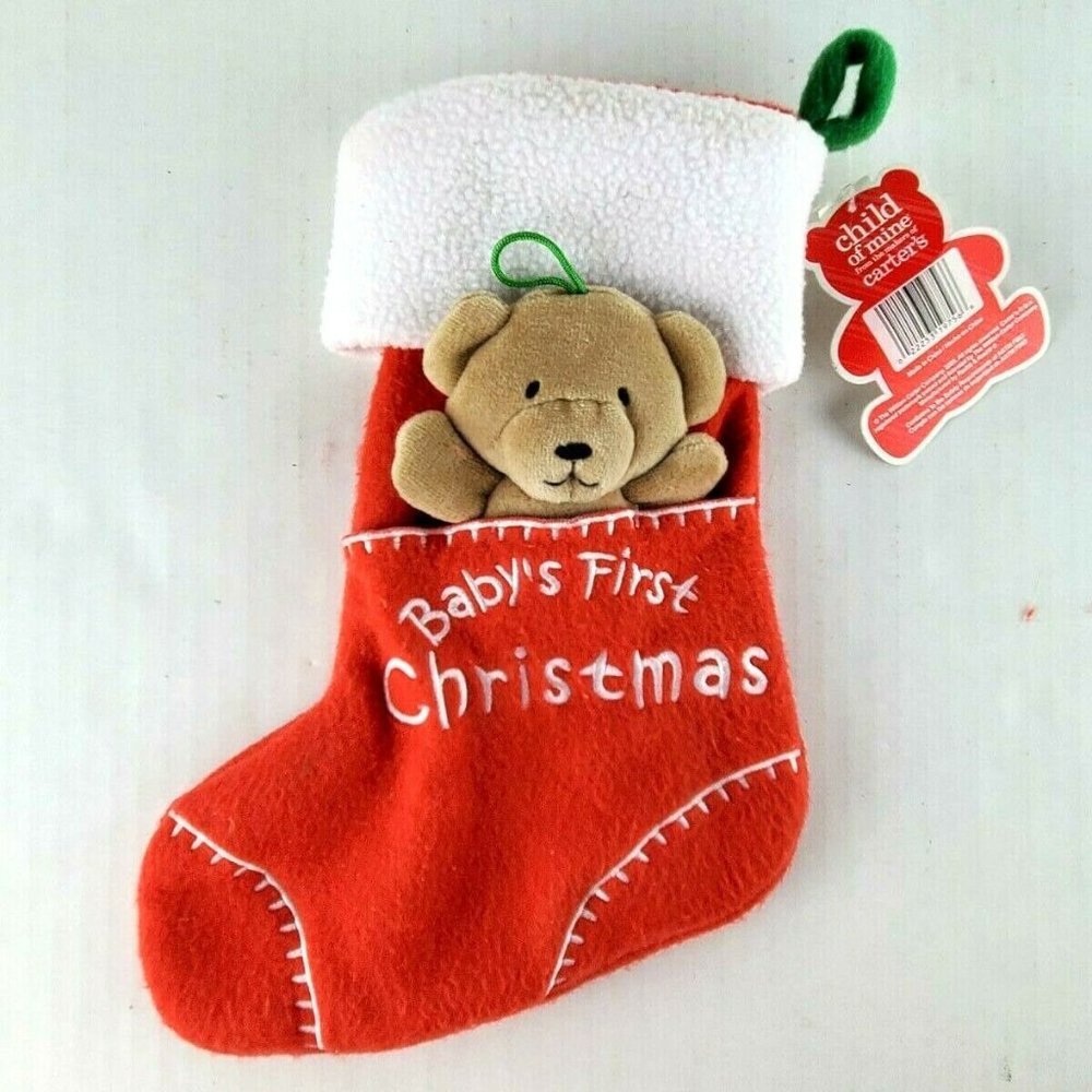 Adorable Carters 10" Baby's First Christmas Stocking W/3D Stuffed Teddy Bear NWT